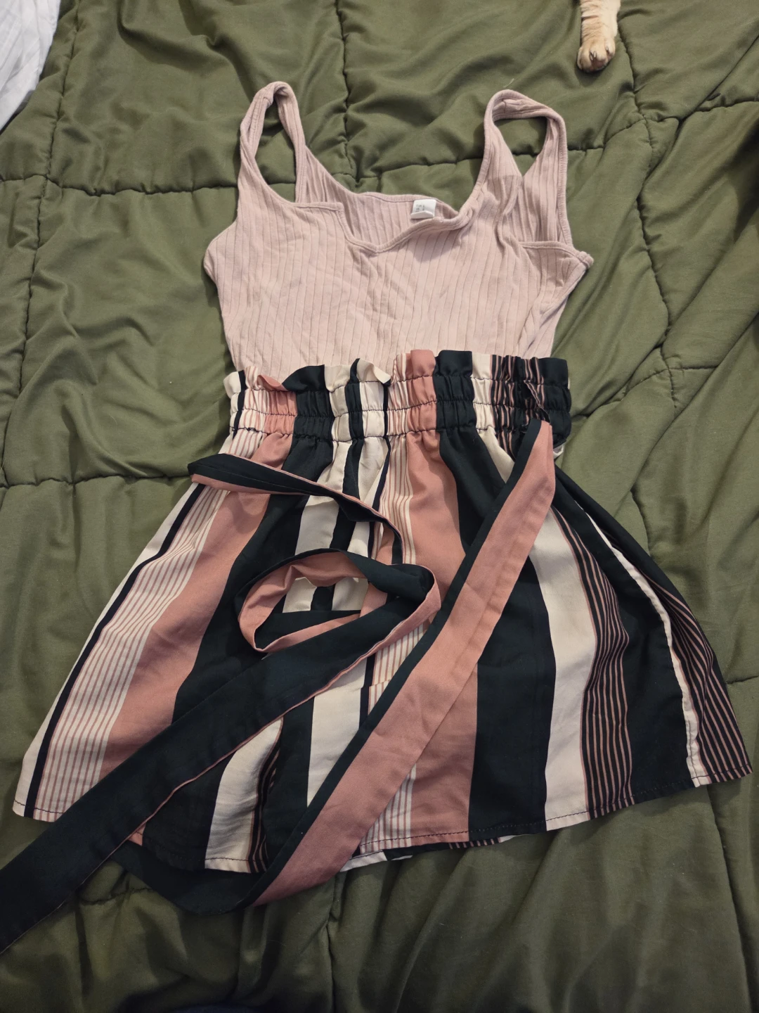Pink Ribbed Tank Top with Striped Skirt