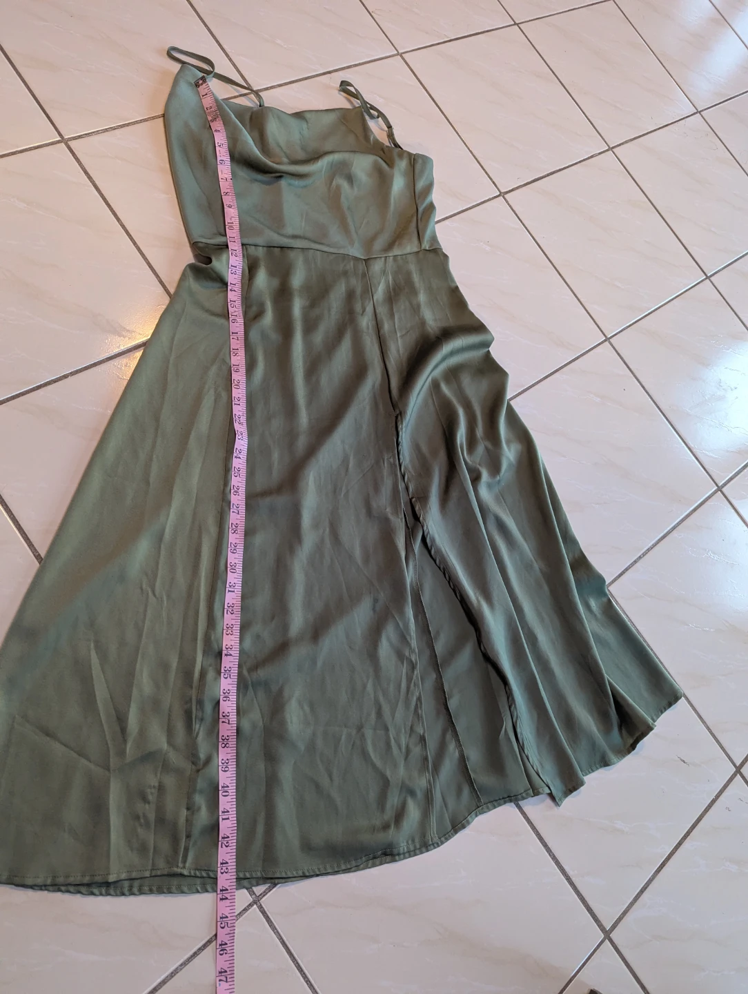 Olive Green Satin Midi Dress with Slit