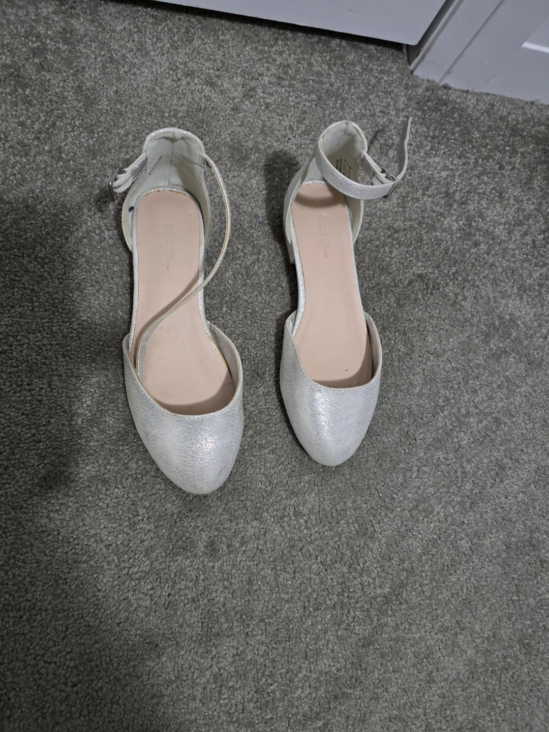 Girls Silver Glitter Ankle Strap Flats - Size 2