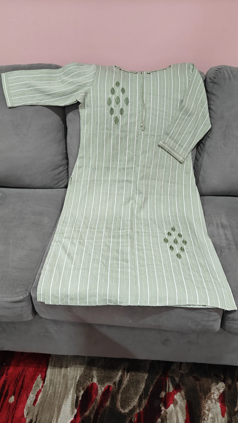 Light Green Striped Kurti with Leaf Embroidery