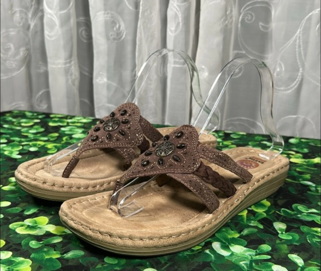 Earth Spirit Women's Brown Embellished Thong Sandals