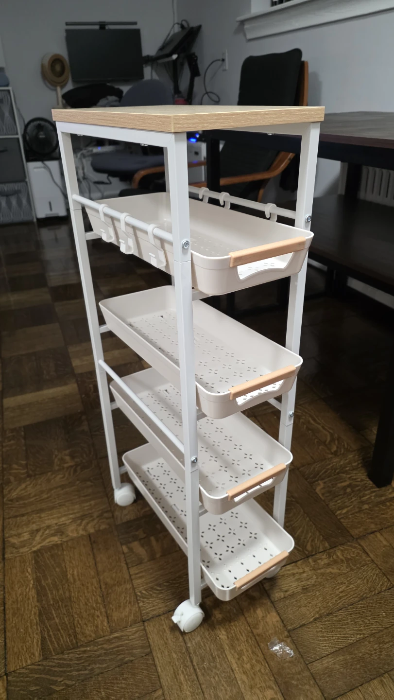Rolling 4-Tier Storage Cart with Wood Top