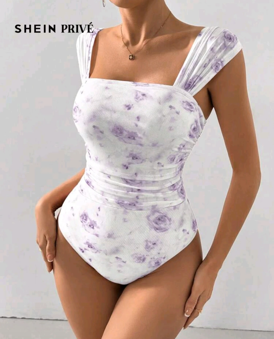 SHEIN PRIVÉ White Floral Ruched One-Piece bodysuit
