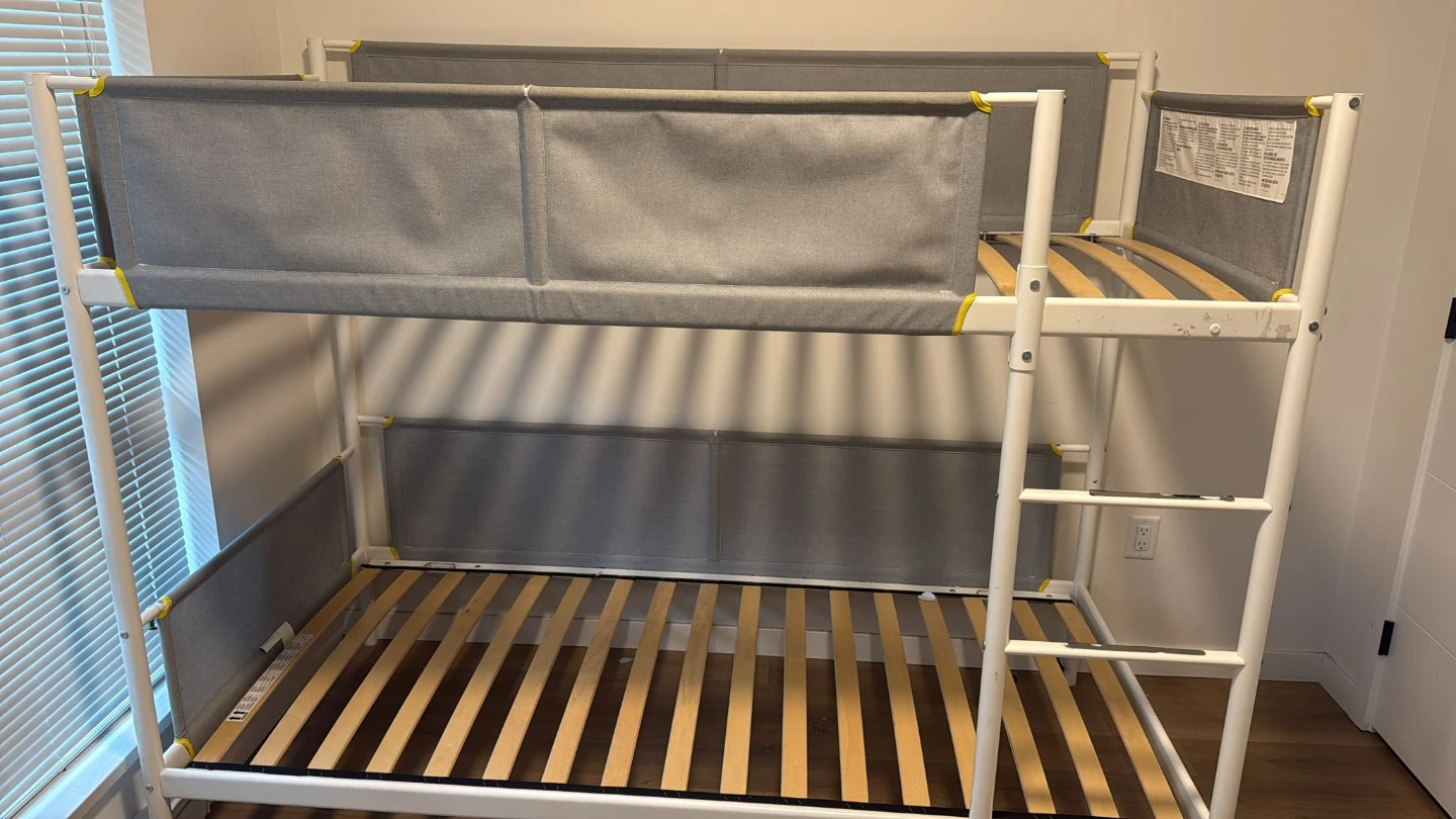 IKEA Vitval - White Metal Bunk Bed with Grey Fabric Guard Rails