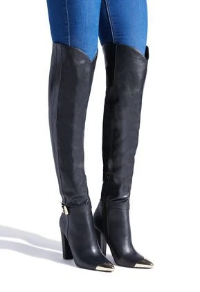Western inspired Black Over-the-Knee Boots with Gold Accents