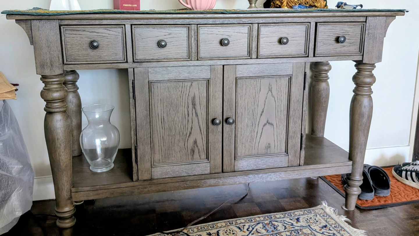 Grey Wood Console Table with Drawers and Doors