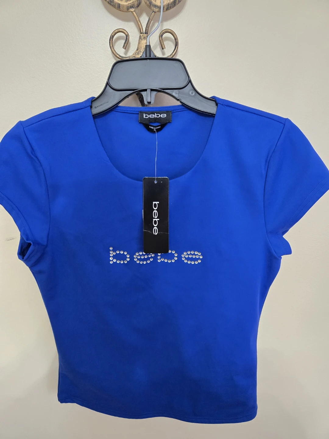 Bebe Blue Crop Top with Rhinestone Logo - Size S
