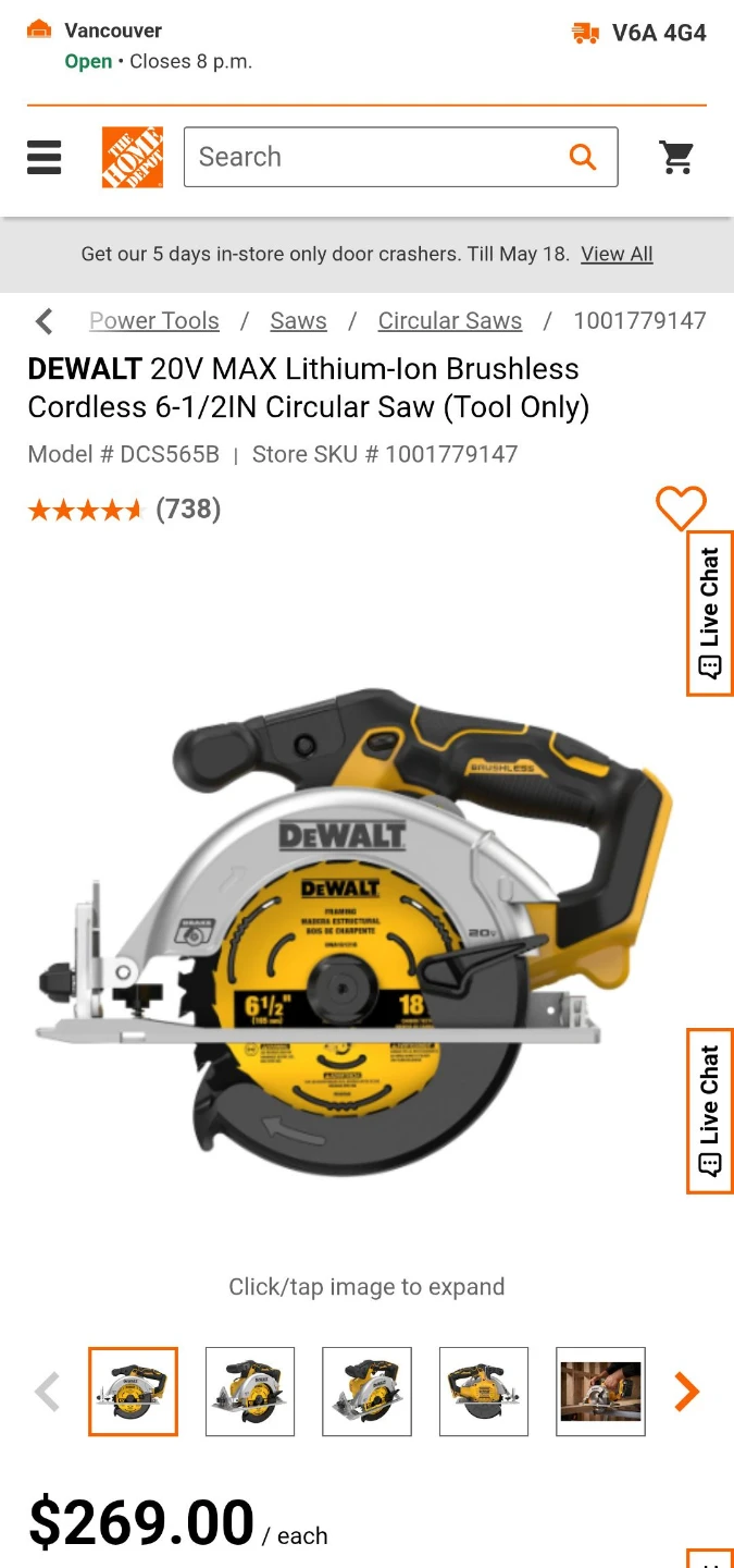 DEWALT 20V MAX Cordless Circular Saw DCS565B 6-1/2" Brushless