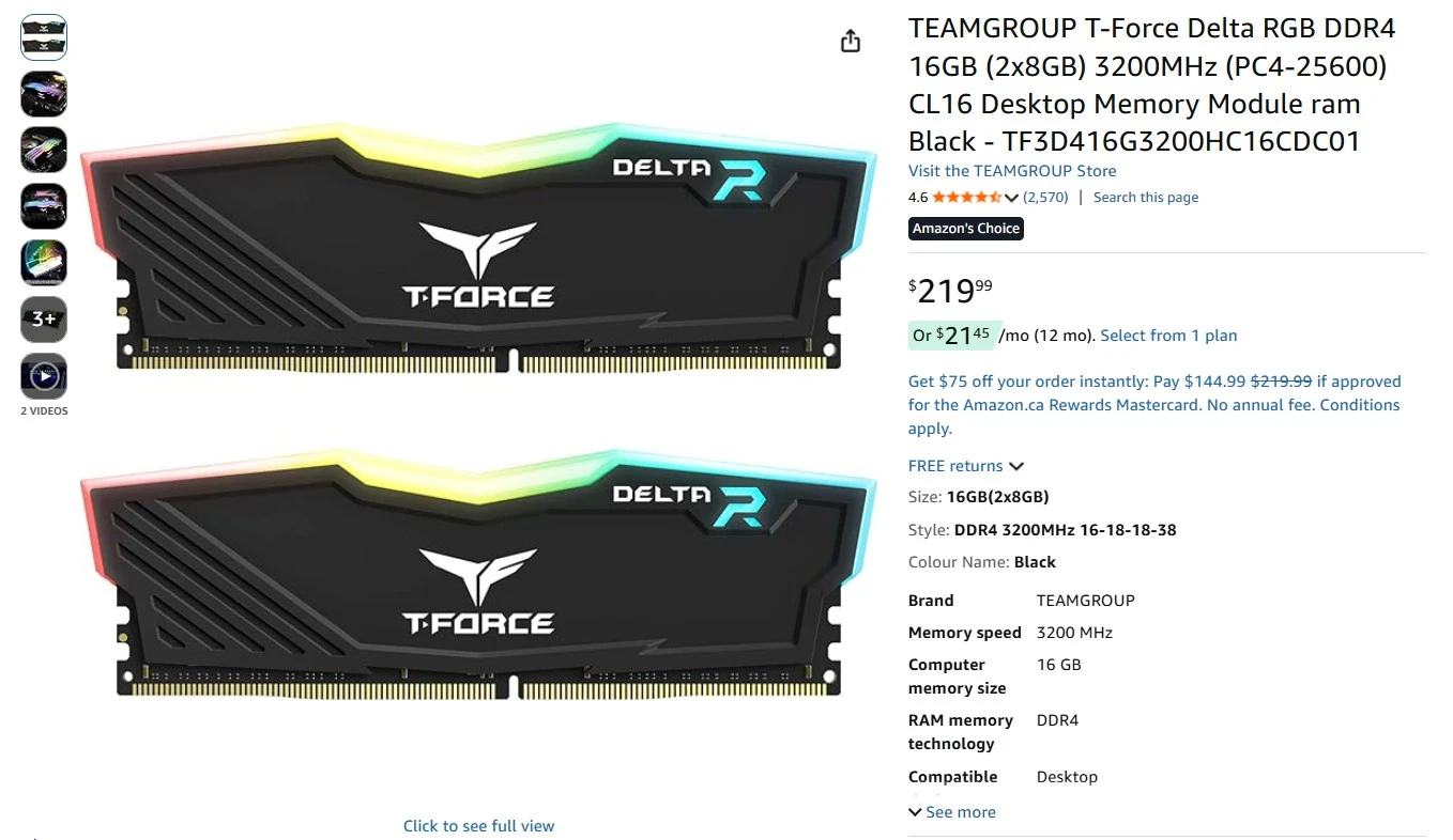 T-Force Delta RGB DDR4 16GB (2x8GB) 3200MHz RAM