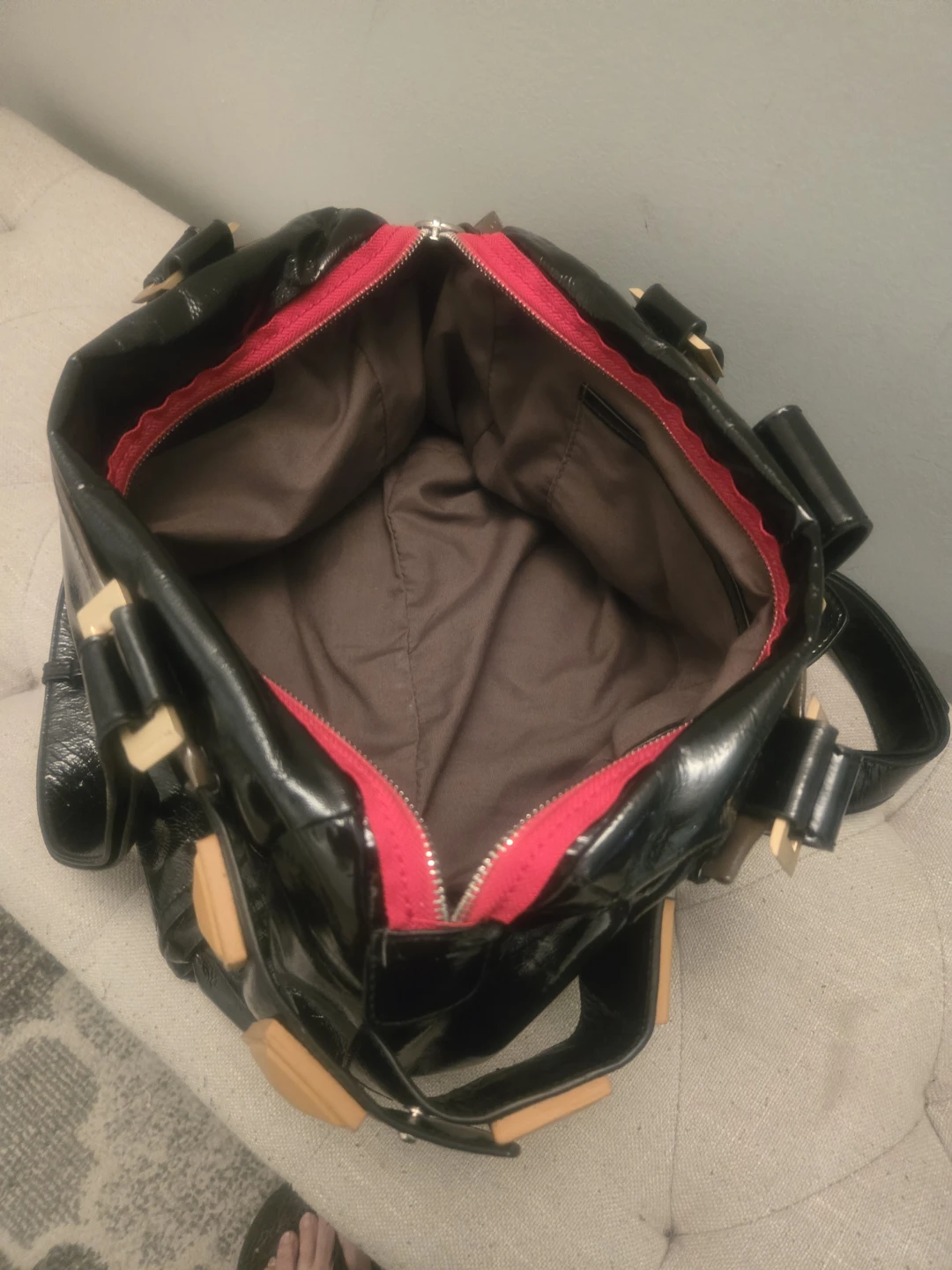 Black Patent Leather Handbag with Gold Accents - photo 3