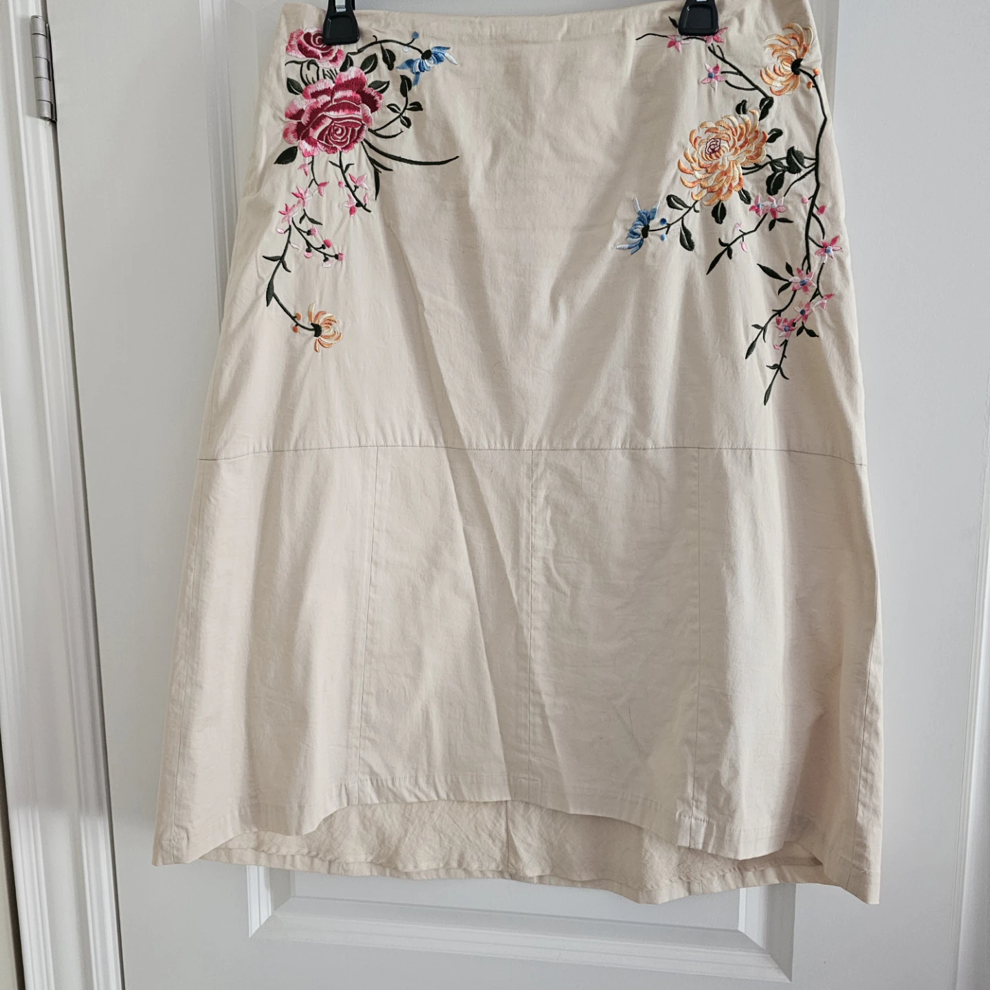 Cream Floral Embroidered Midi Skirt