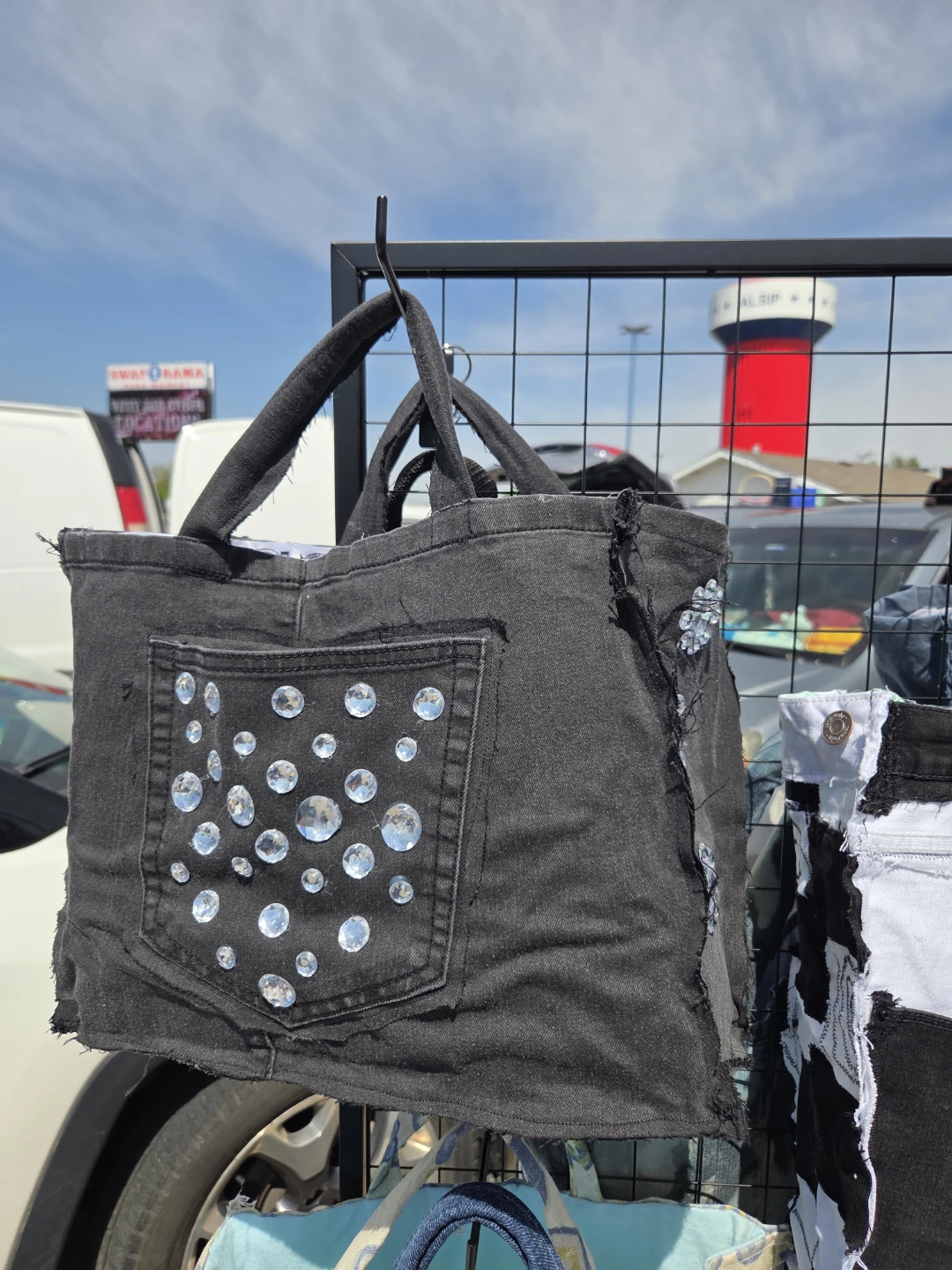 Dark Gray Denim Tote Bag with Rhinestones