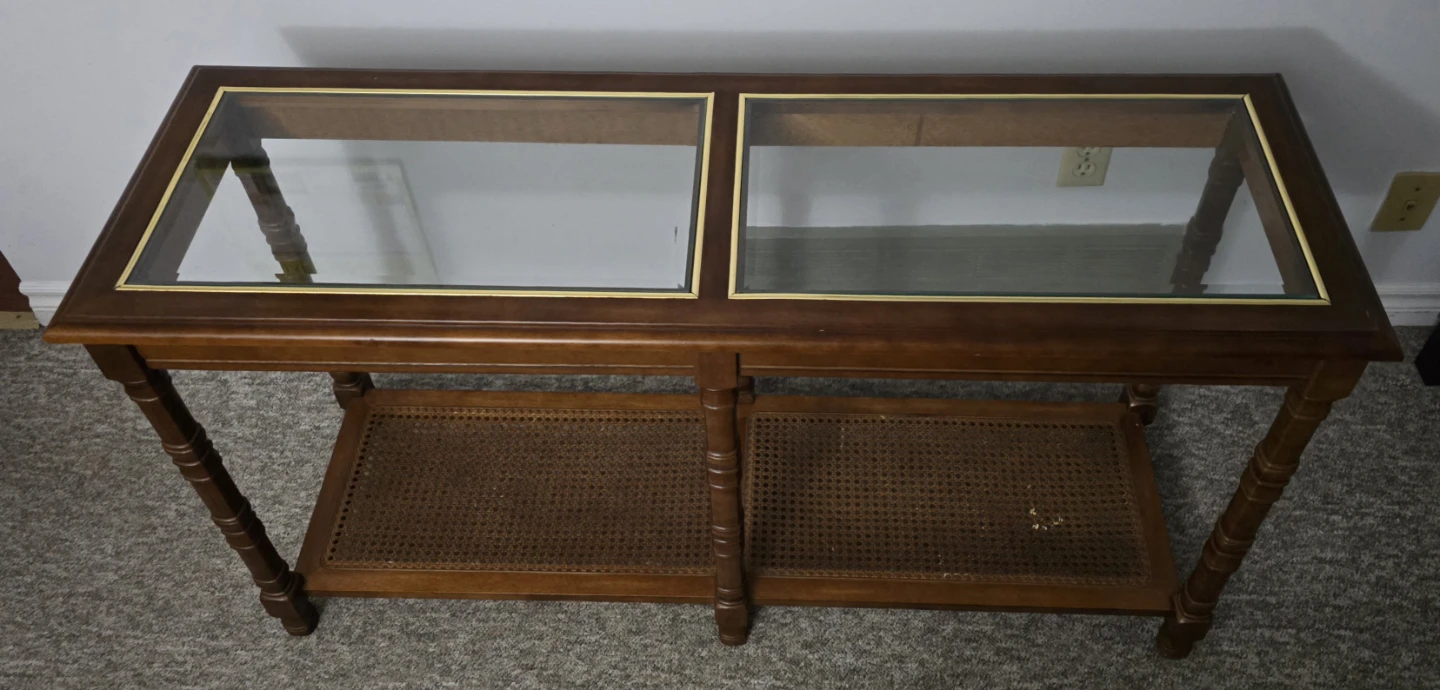 Vintage Console Table with Glass Top and Cane Shelves - photo 2