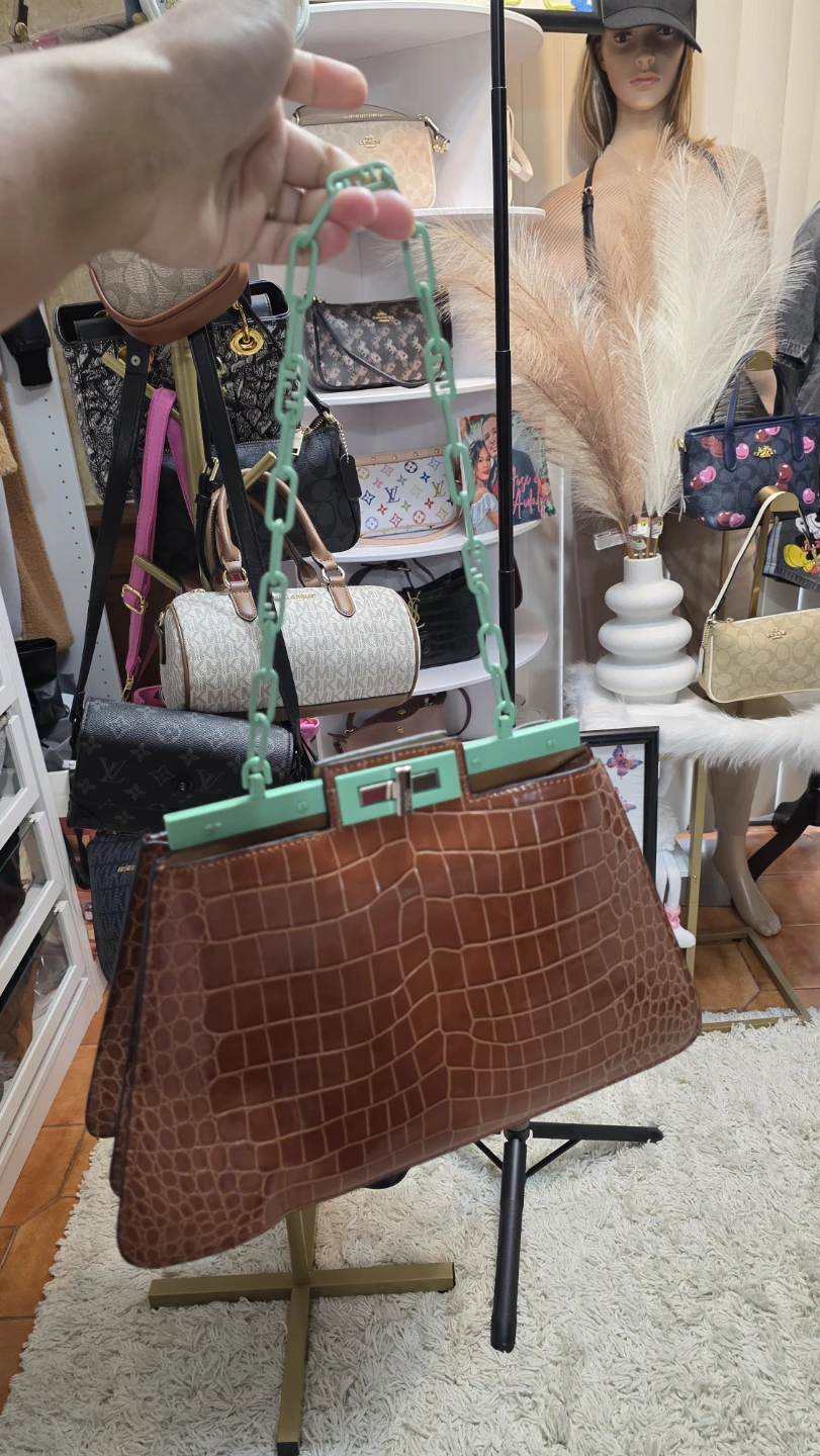 Brown Croc Embossed Top Handle Bag with Light Green Chain