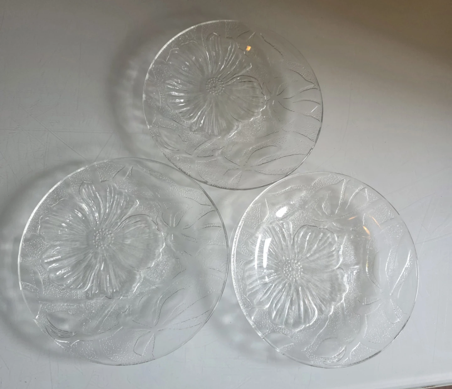 3 Vintage KIG Indonesia Clear Glass Hibiscus Blossom Plates