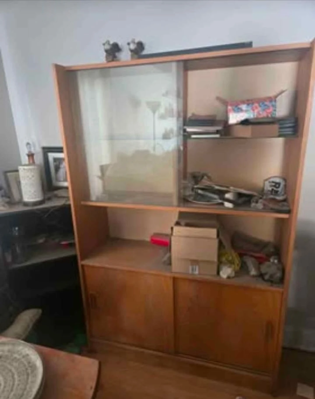 Vintage Wooden Bookshelf with Sliding Glass Door