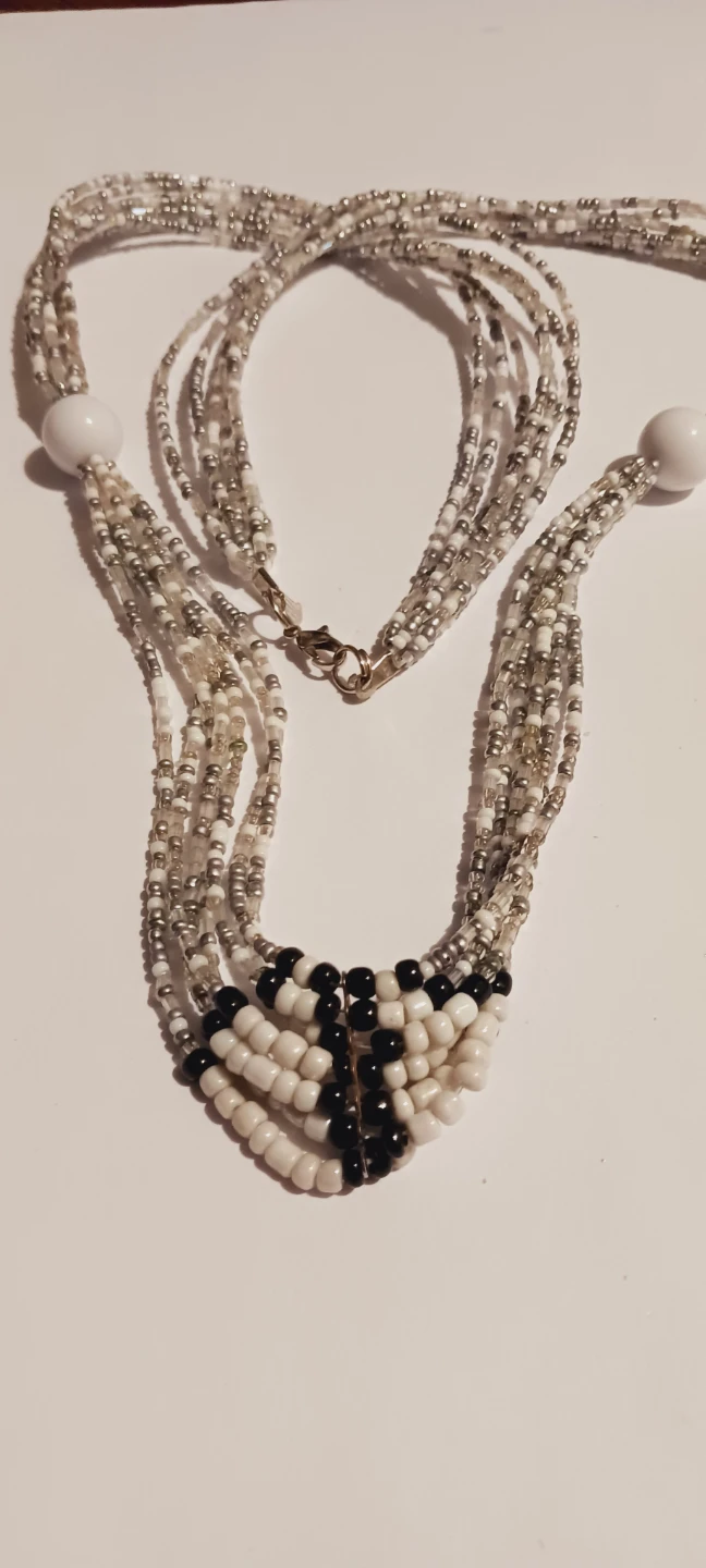 Multi-strand long beaded necklace - Black, White & Silver - photo 3