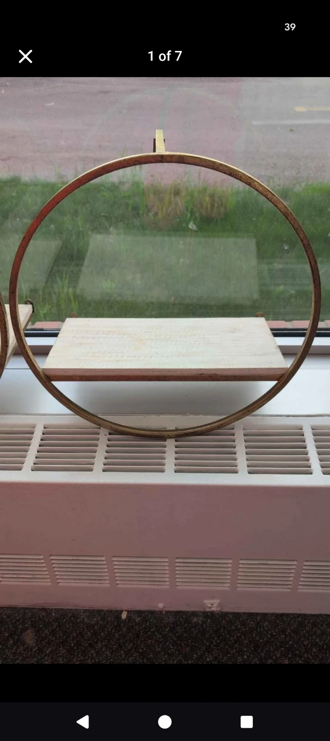 Set of 2 Gold Round Wall Shelves with Wood