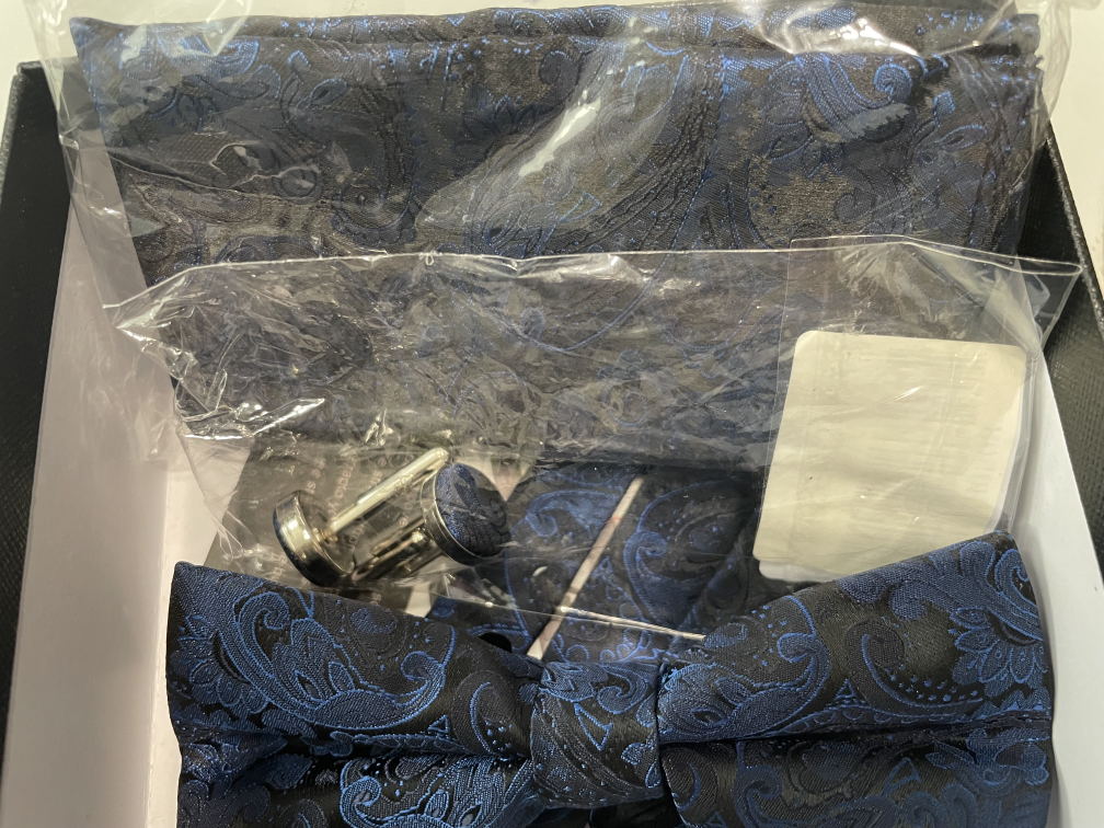Blue Paisley Bow Tie Cufflinks Pocket Square Set - photo 4