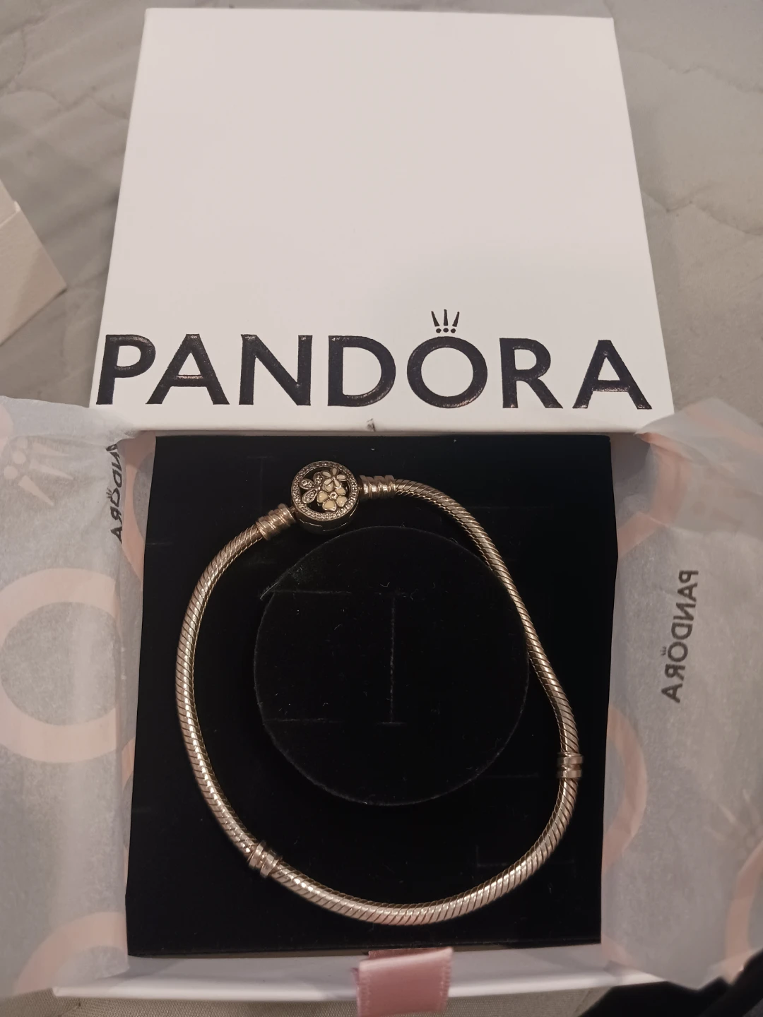 Pandora  Silver Snake Chain Bracelet with Flower Clasp