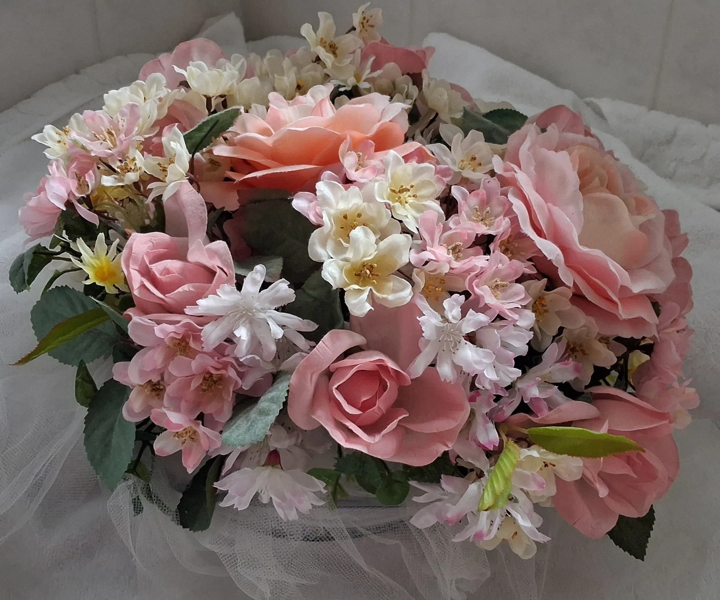 Pink and White Floral Arrangement in Glass Vase
