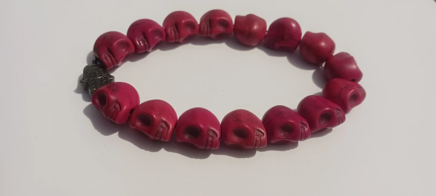 Red  Stone Skull Beaded Bracelet with Hamsa Charm