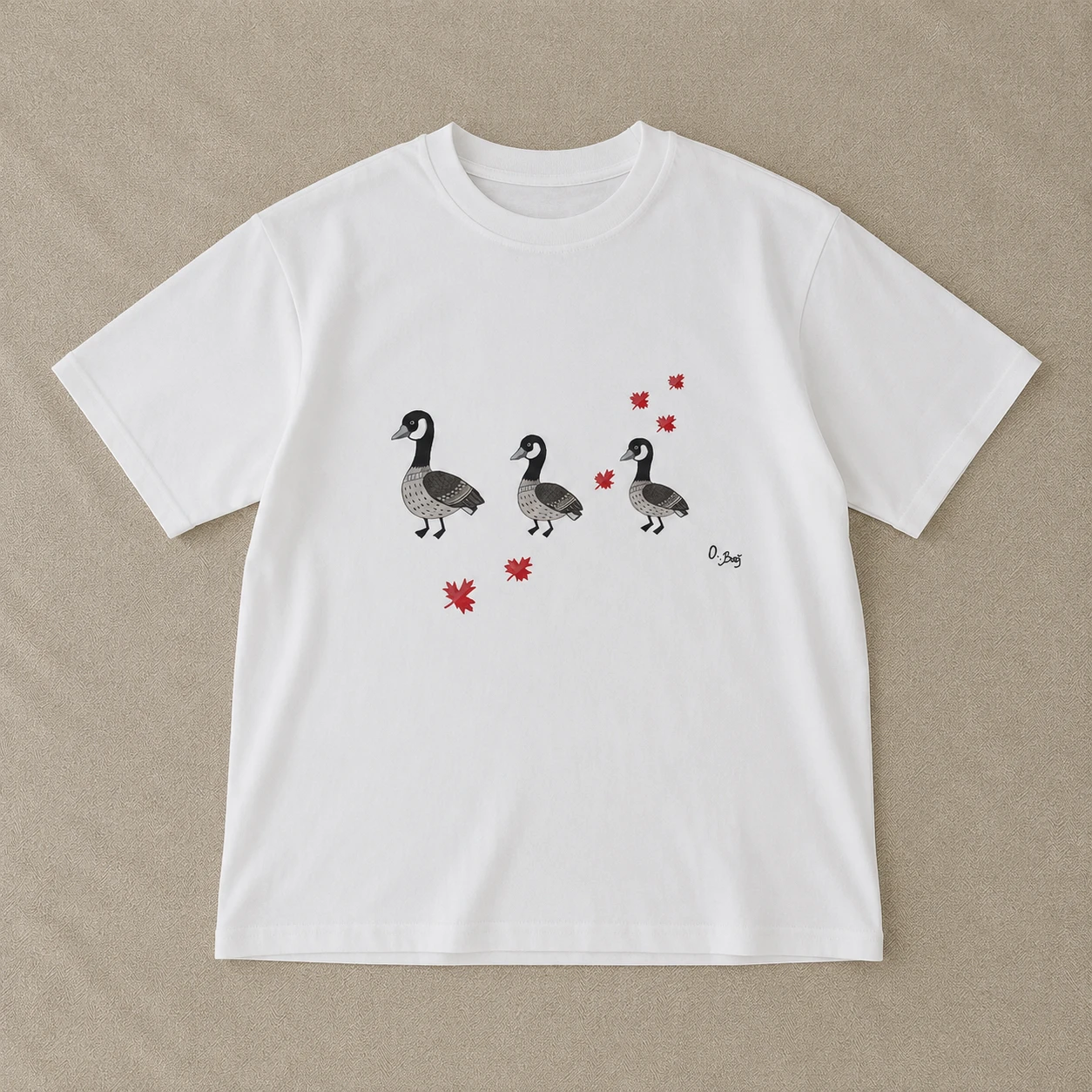 White T-Shirt with Canadian Geese and Maple Leaves Graphic