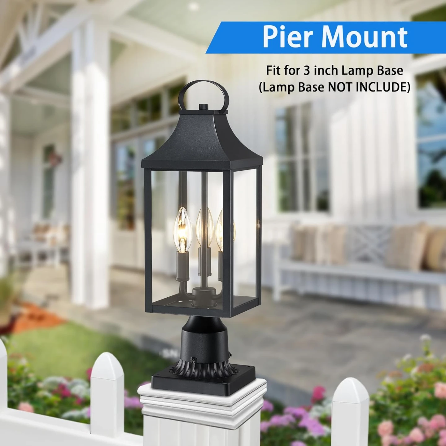 Black Outdoor Pier Mount Post Light Fixture with Glass Panels - photo 2