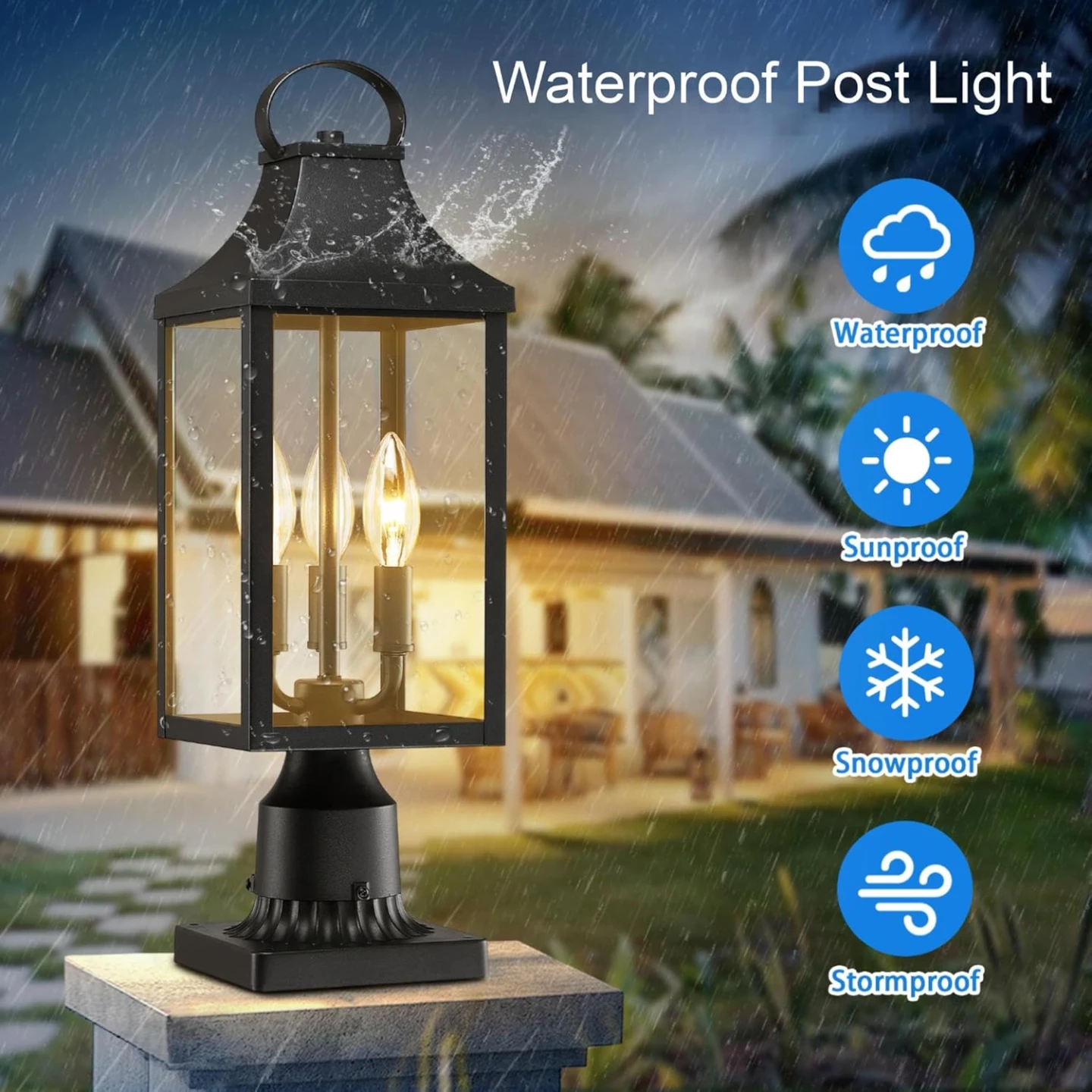 Black Outdoor Pier Mount Post Light Fixture with Glass Panels - photo 3