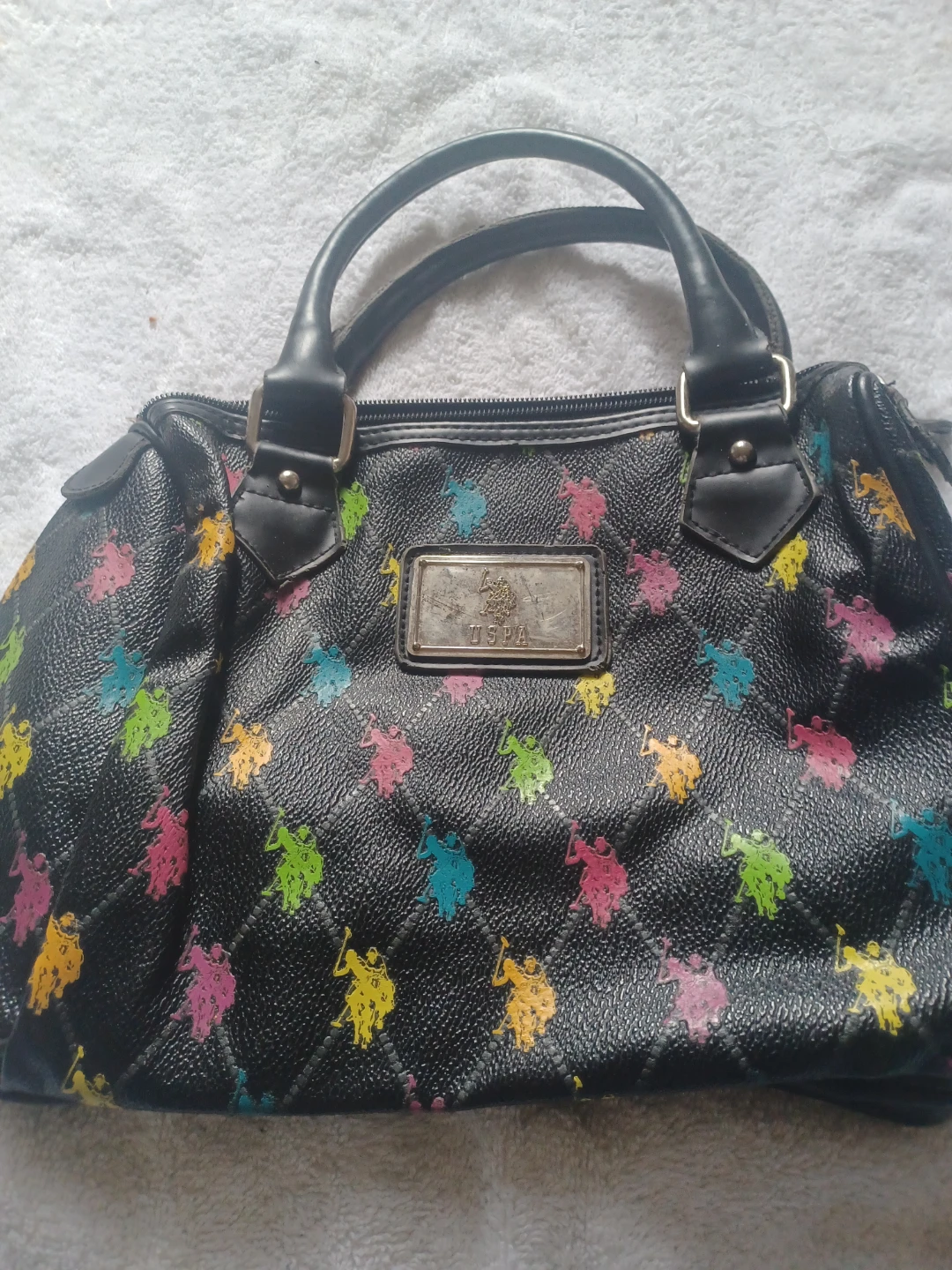 US Polo Assn Black Multi-Color Polo Print Satchel Handbag