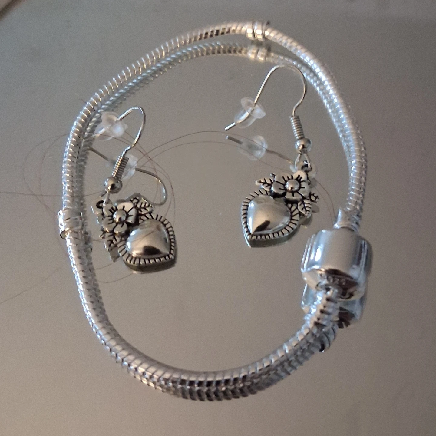 Silver Heart and Flower Charm Earrings and Bracelet Set