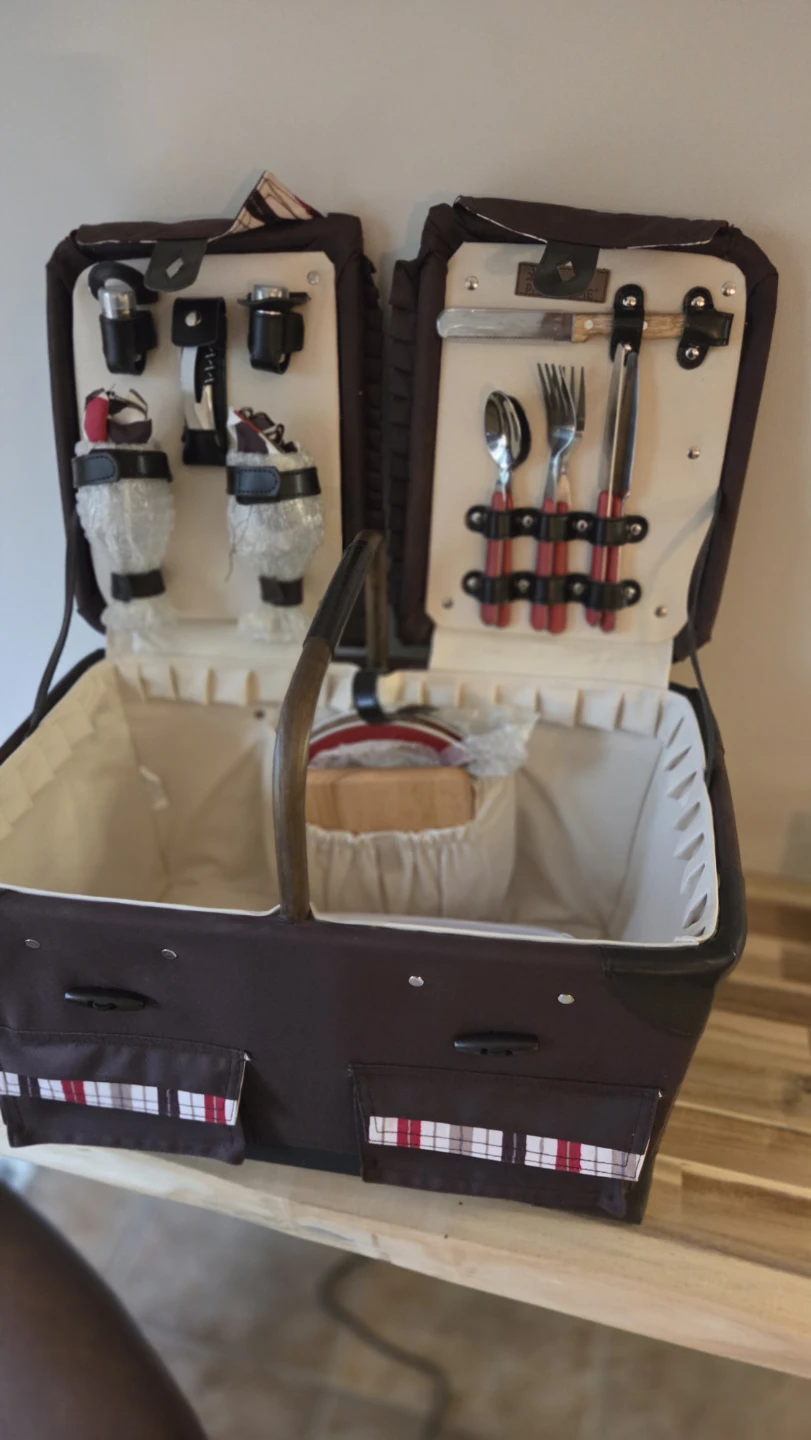 Brown Picnic Basket with Utensils and Plates - photo 2