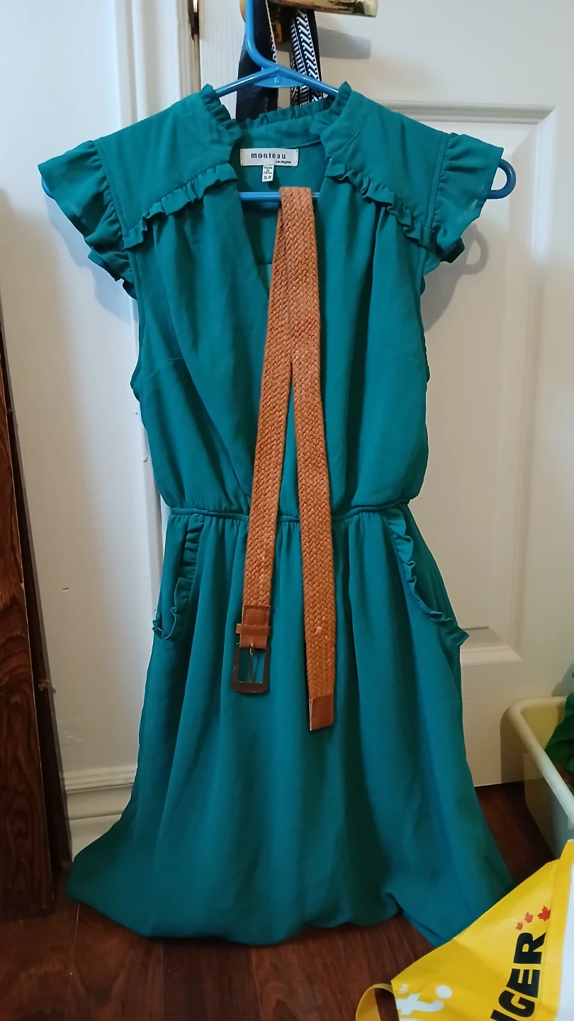 Monteau Teal Ruffle Dress with Belt - XS