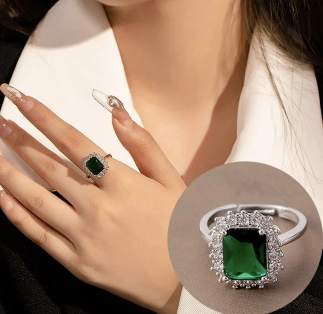 Emerald Cut Green Gem Ring Silver Tone