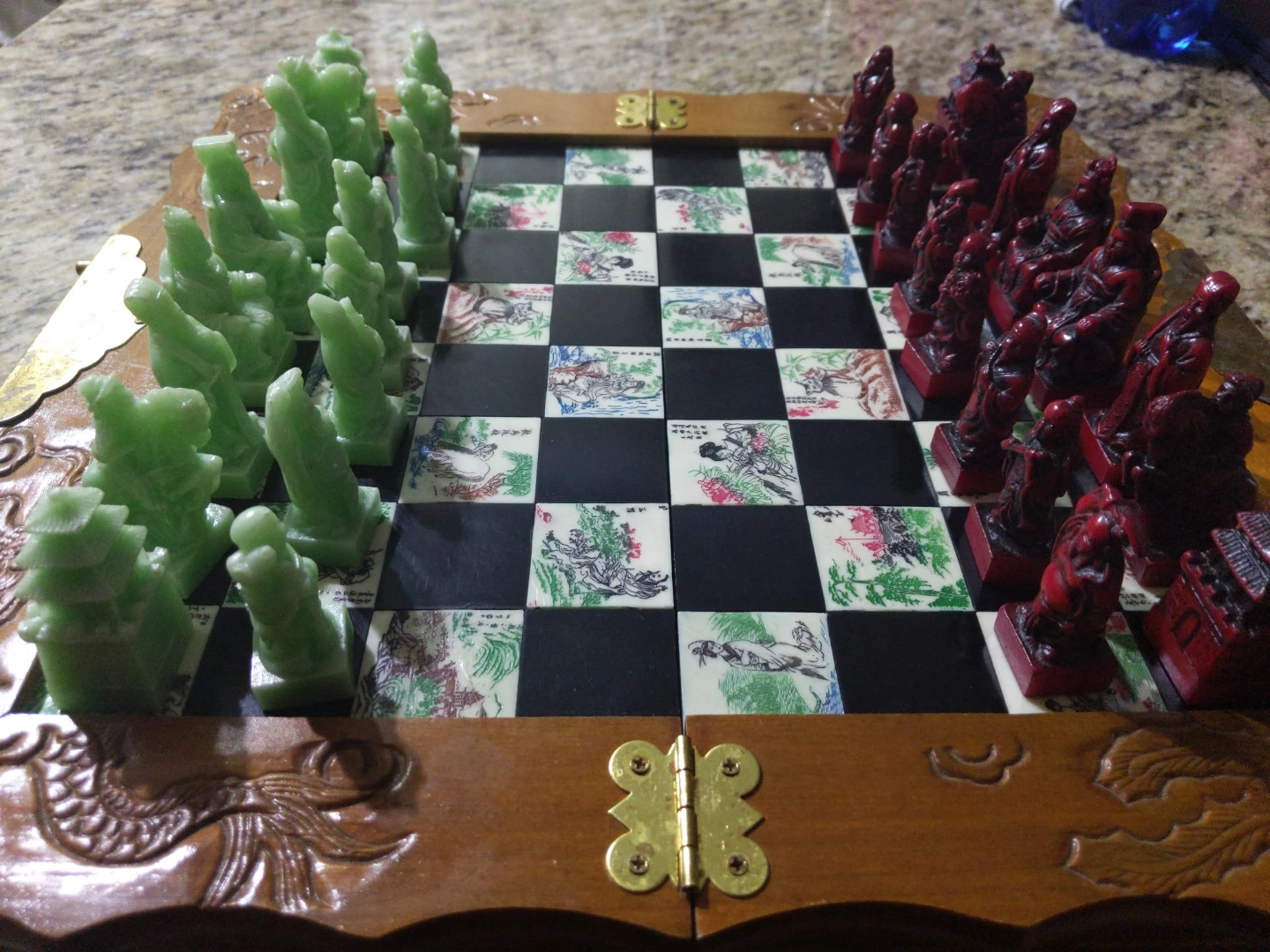 Vintage Chinese carved Kwangyin figure soapstone chess set