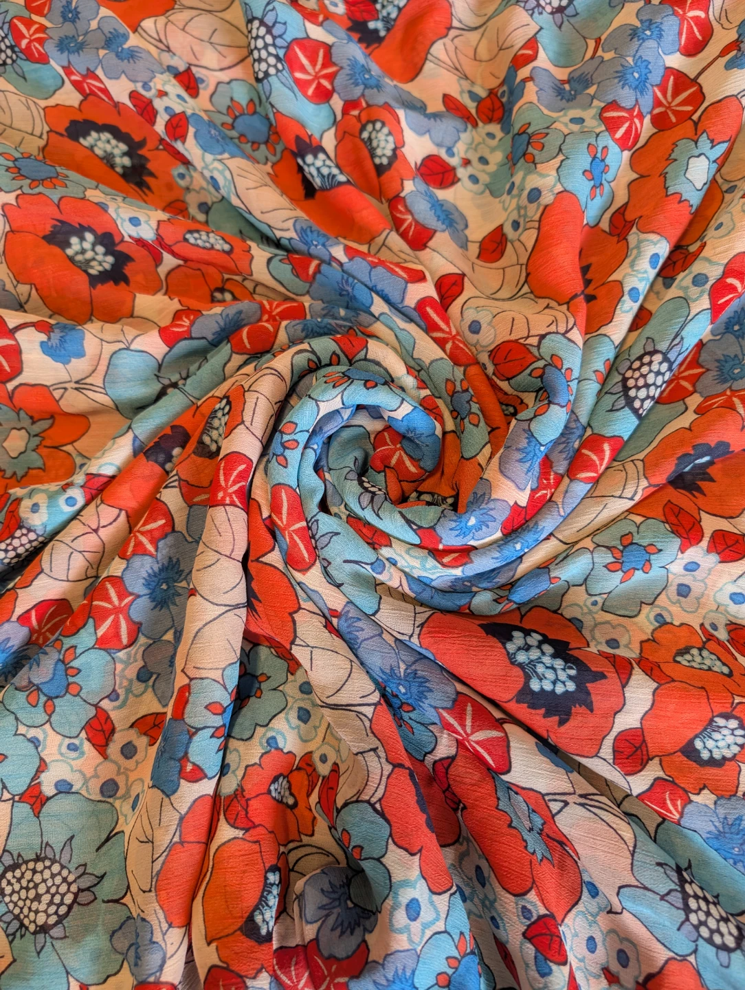 Floral Print Fabric - Blue, Orange