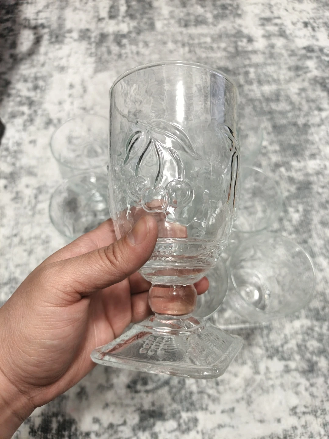 Set of 8 Embossed Glass Goblets with Fruit and Bird Designs - photo 2