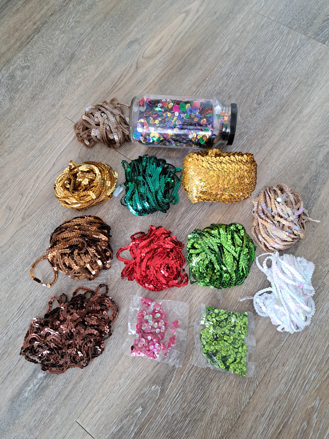 over 105 meters of high quality sequins in assorted colors.