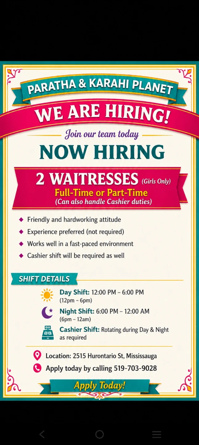 Paratha & Karahi Planet is Hiring Waitresses/Cashiers