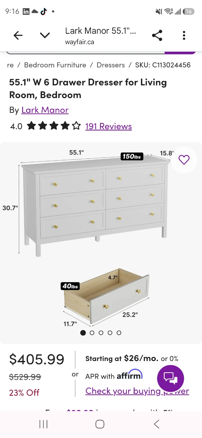Lark Manor 55.1" White 6-Drawer Dresser - photo 2