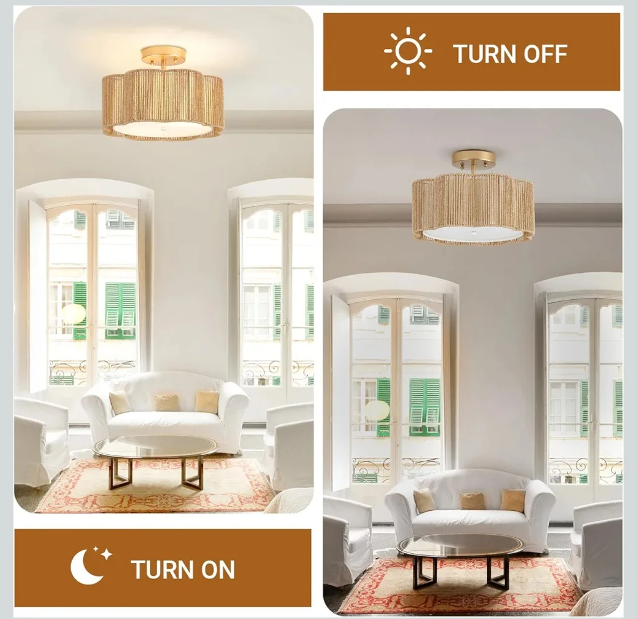 Rattan Semi-Flush Mount Ceiling Light Fixture - photo 3