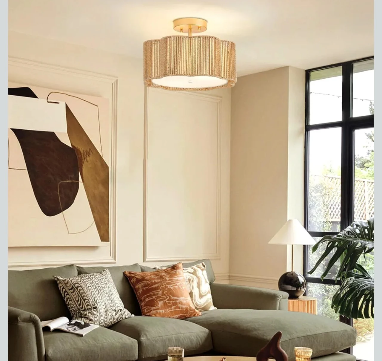 Rattan Semi-Flush Mount Ceiling Light Fixture - photo 4