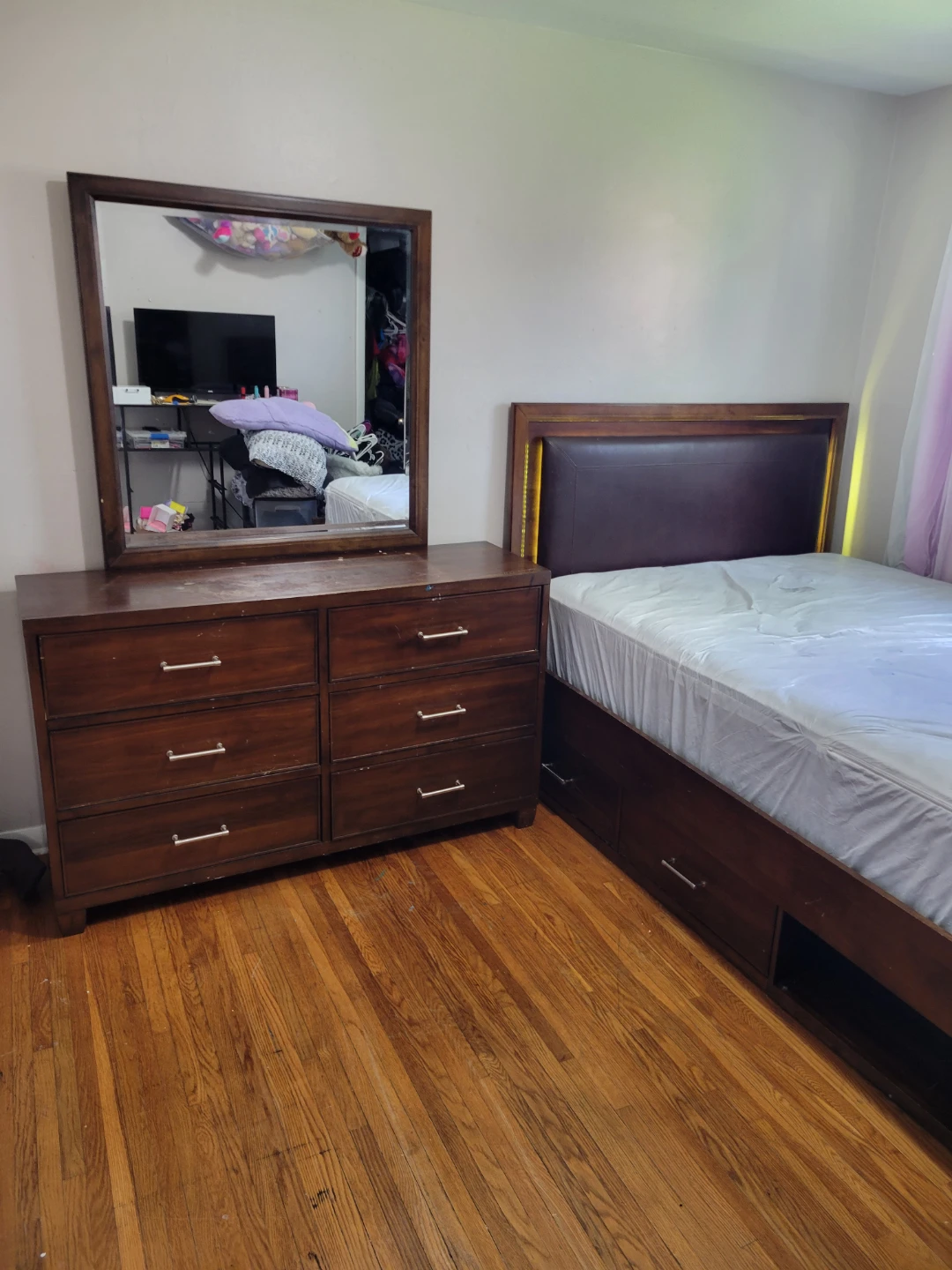 Wooden Bed Frame with Built-in Storage and LED Headboard