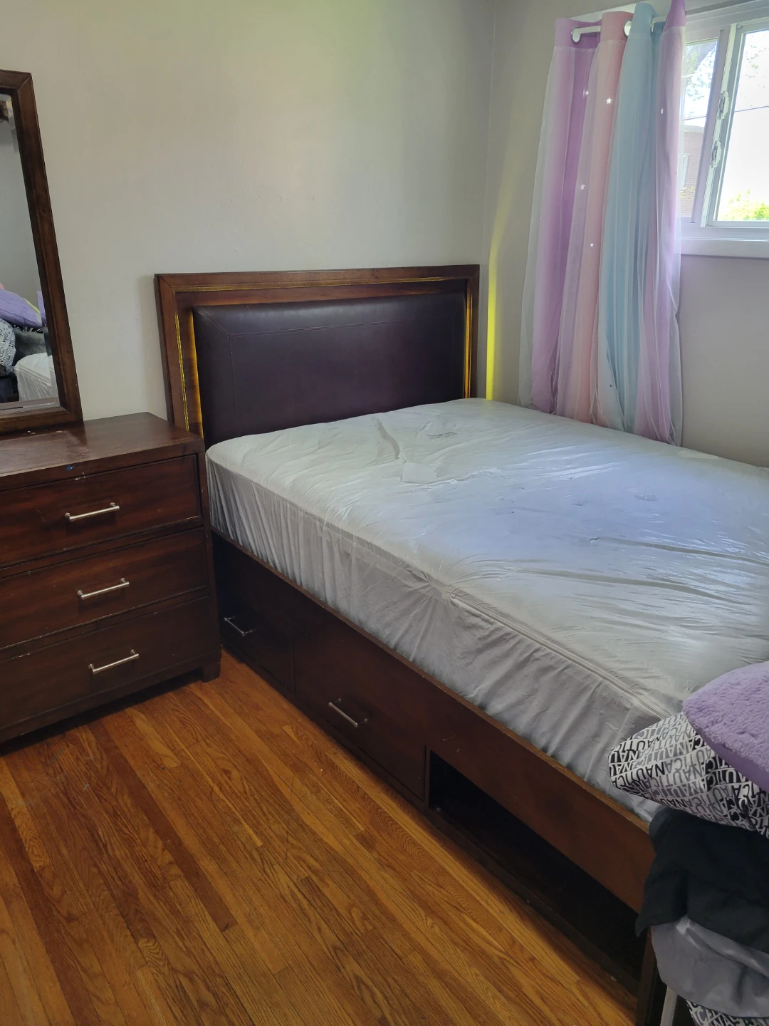 Wooden Bed Frame with Built-in Storage and LED Headboard - photo 2