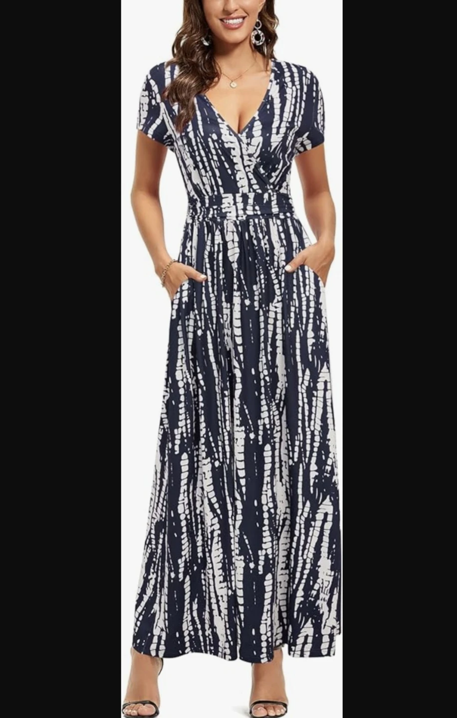 OUGES Women's Navy and White Tie-Dye Maxi Dress with Pockets