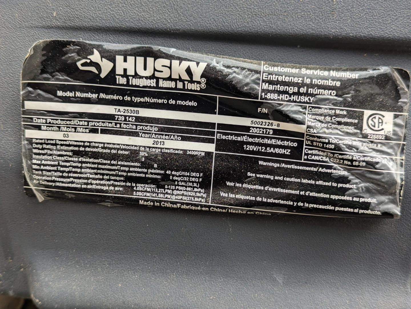 Husky TA-2530B 8 Gallon Air Compressor - photo 2