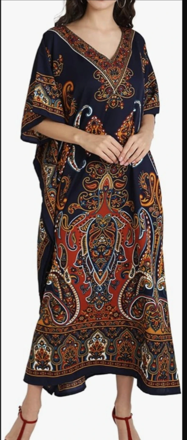 Navy Paisley Print Kaftan Dress with Pockets