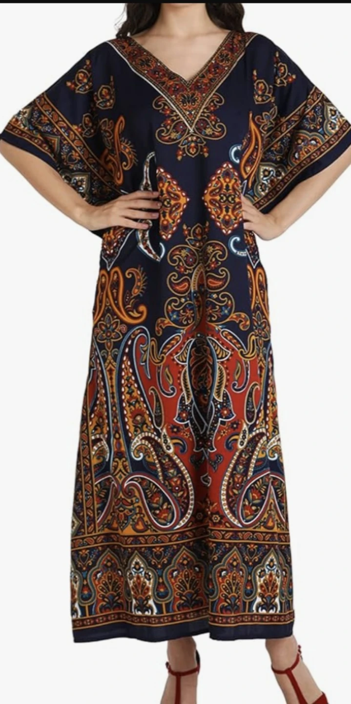 Navy Paisley Print Kaftan Dress with Pockets - photo 2