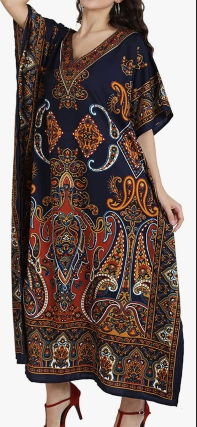 Navy Paisley Print Kaftan Dress with Pockets - photo 3