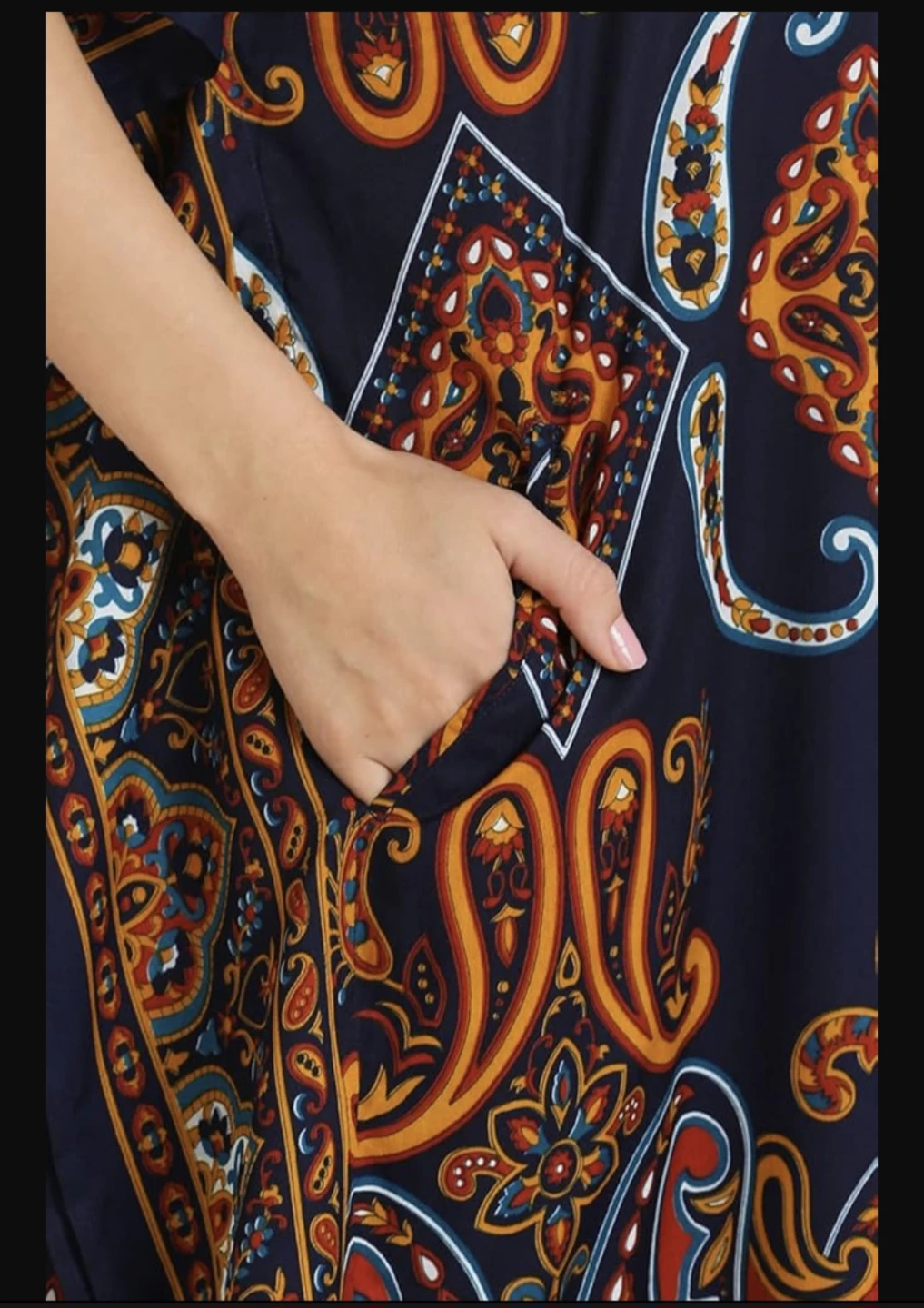 Navy Paisley Print Kaftan Dress with Pockets - photo 5
